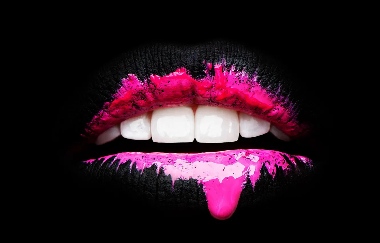 Photo wallpaper drops, style, teeth, lips, pink, fashion, black background