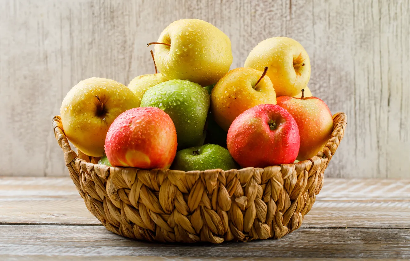 Photo wallpaper drops, yellow, red, green, table, apples, Board, basket