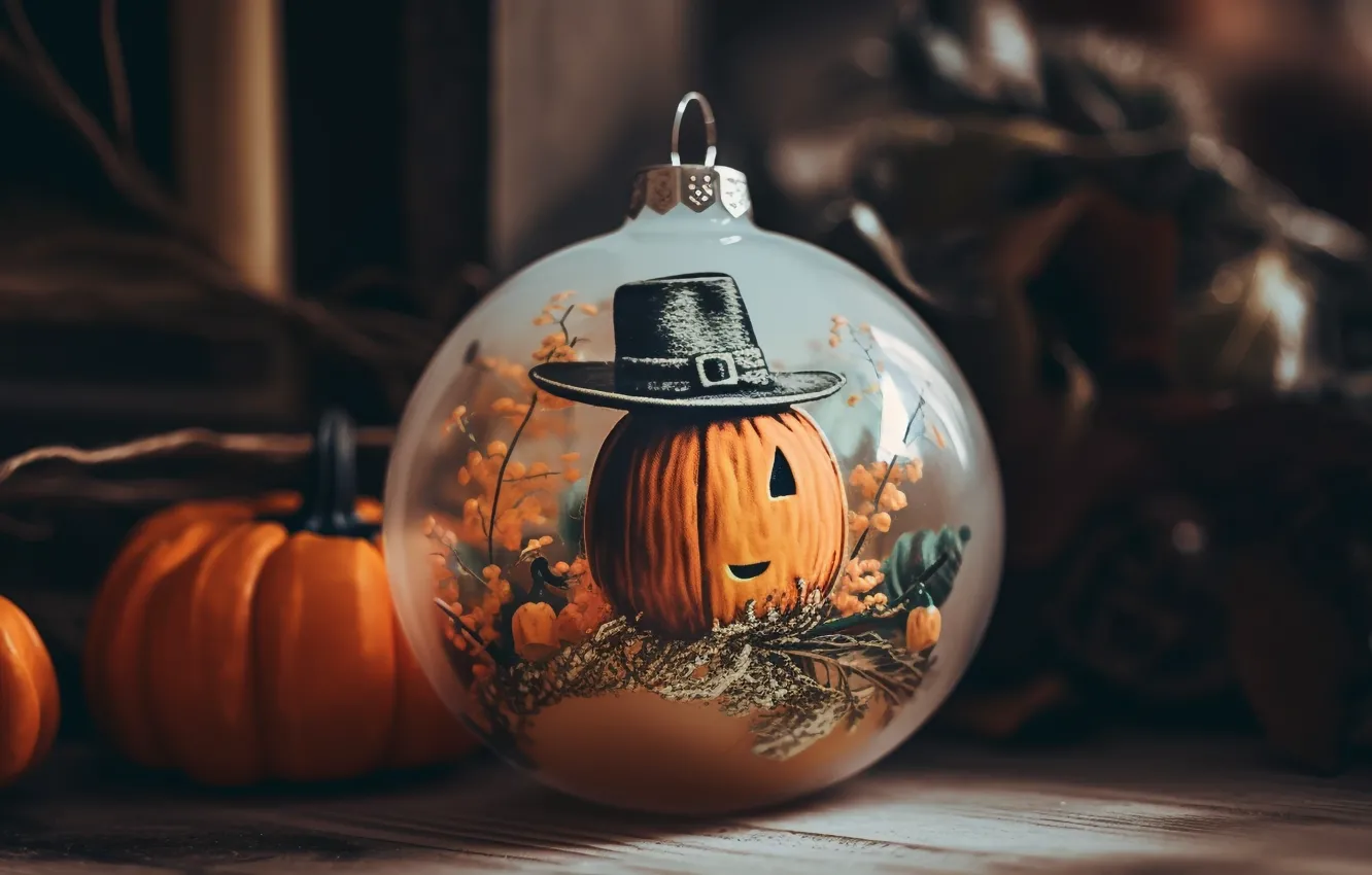 Photo wallpaper autumn, balls, branches, holiday, balls, toy, Board, hat