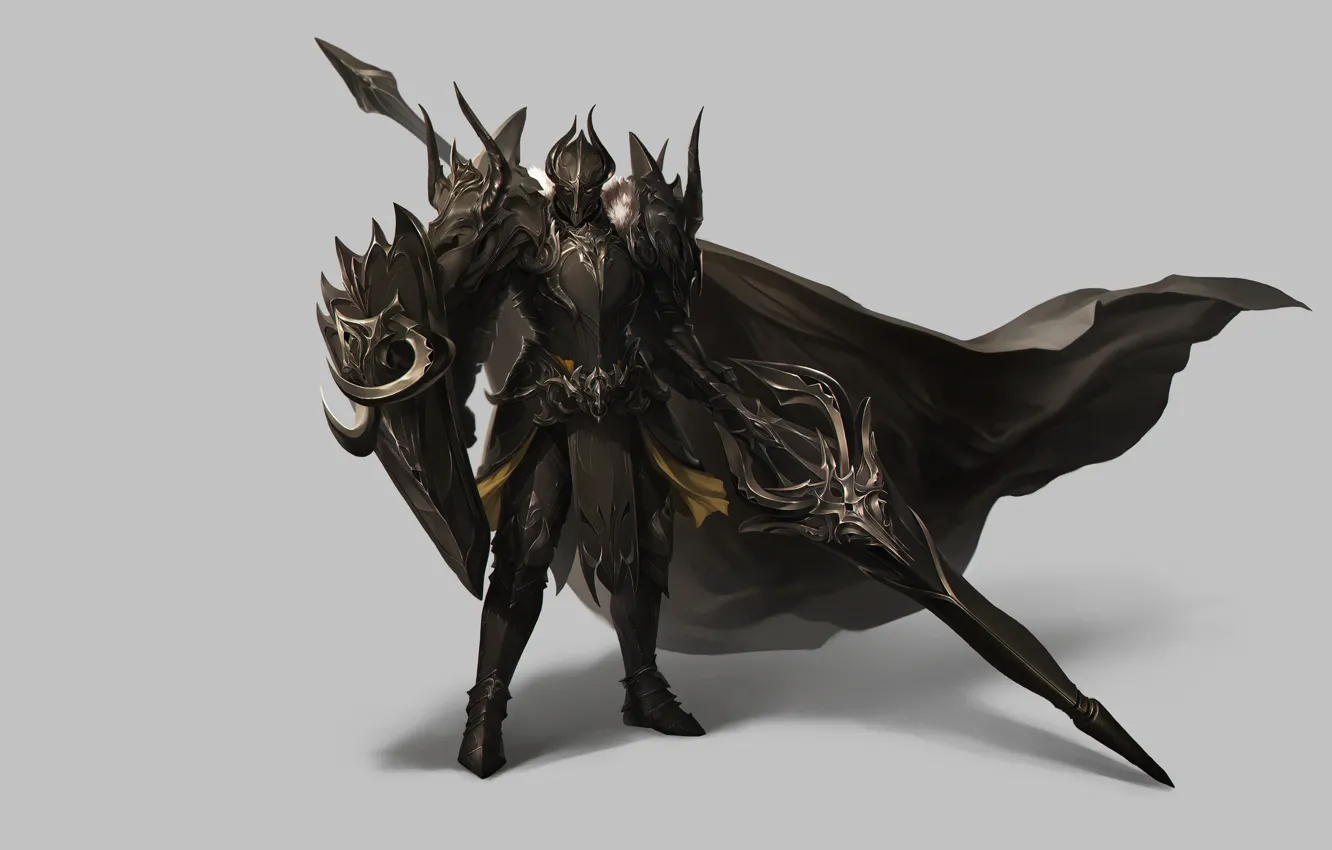 Photo wallpaper armor, warrior, art, Lancer, spear, shield, knight, cloak