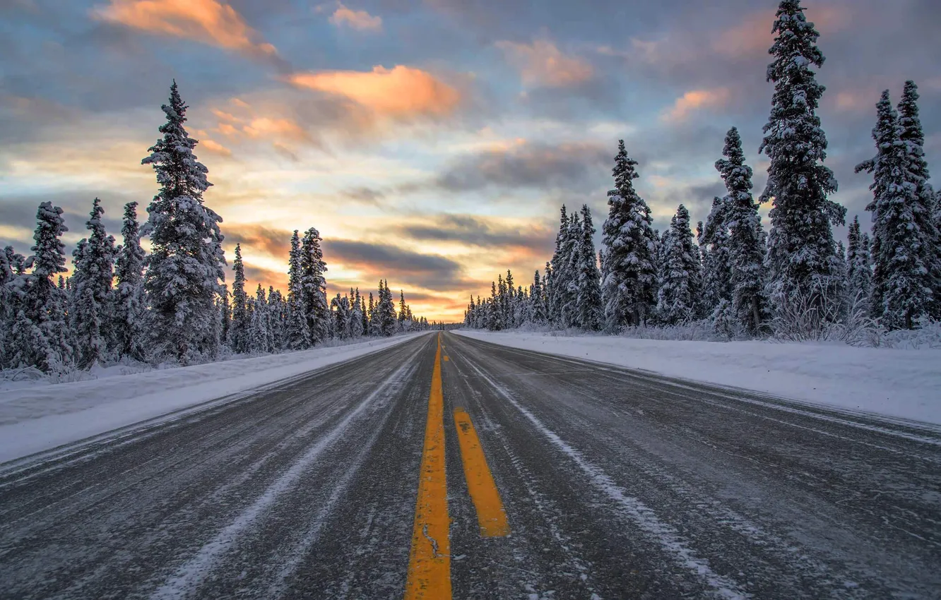 Photo wallpaper winter, road, forest, the sky, asphalt, clouds, snow, trees