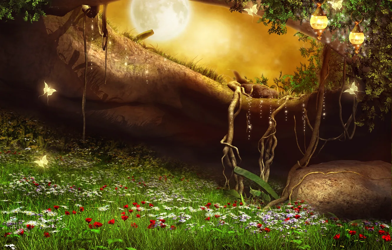 Photo wallpaper grass, flowers, roots, stones, fiction, butterfly