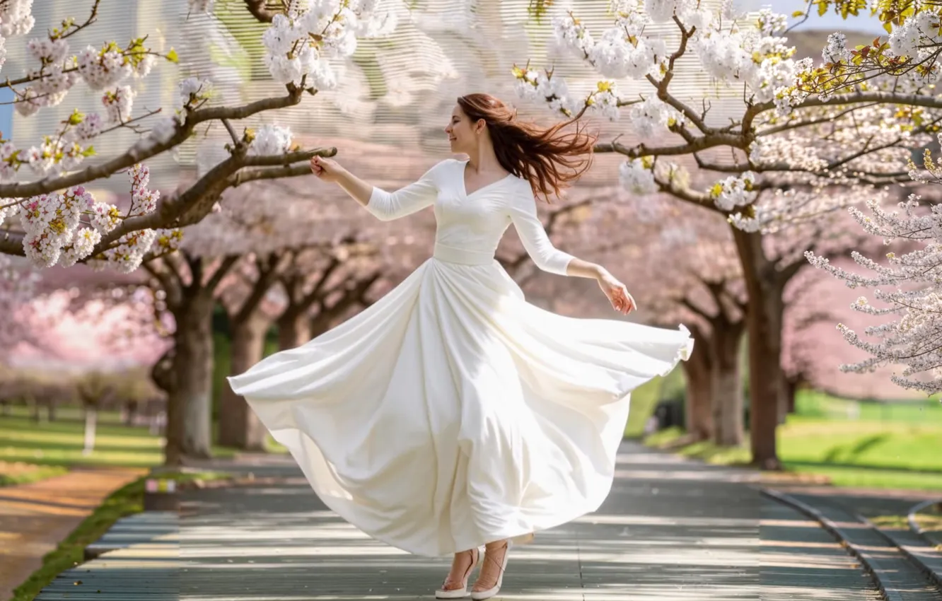 Photo wallpaper girl, flowers, nature, beauty, dance, spring, garden