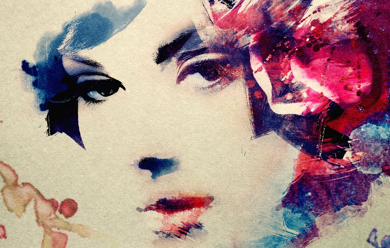 Photo wallpaper girl, flowers, eyelashes, watercolor, canvas