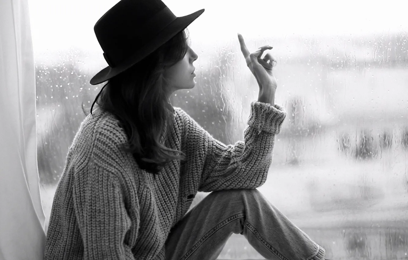 Photo wallpaper look, girl, pose, room, rain, window, black and white, sweater
