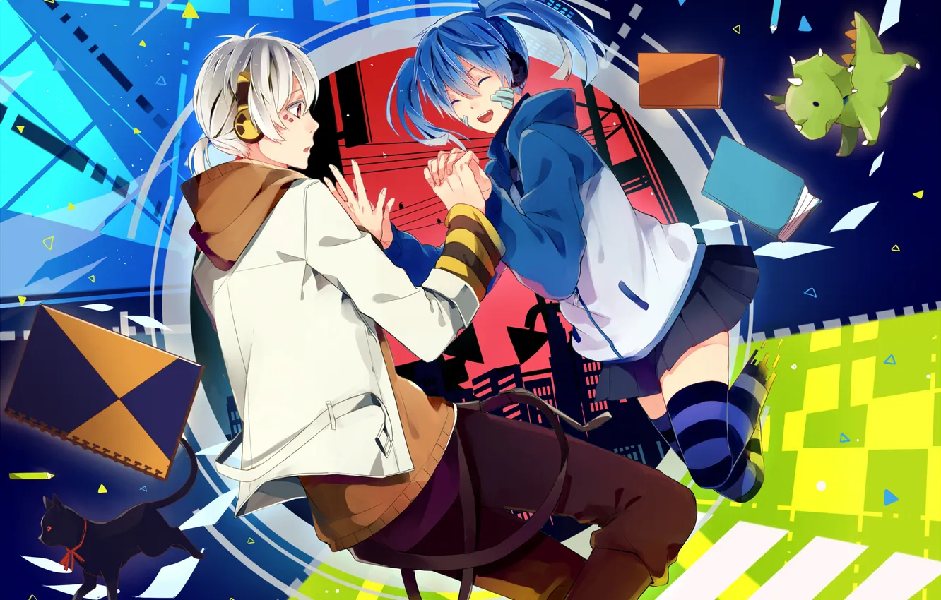 Photo wallpaper cat, girl, joy, toy, surprise, book, guy, art