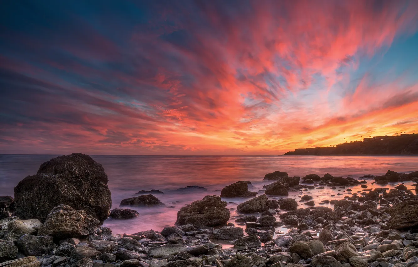 Photo wallpaper sunset, stones, the ocean, pink, coast