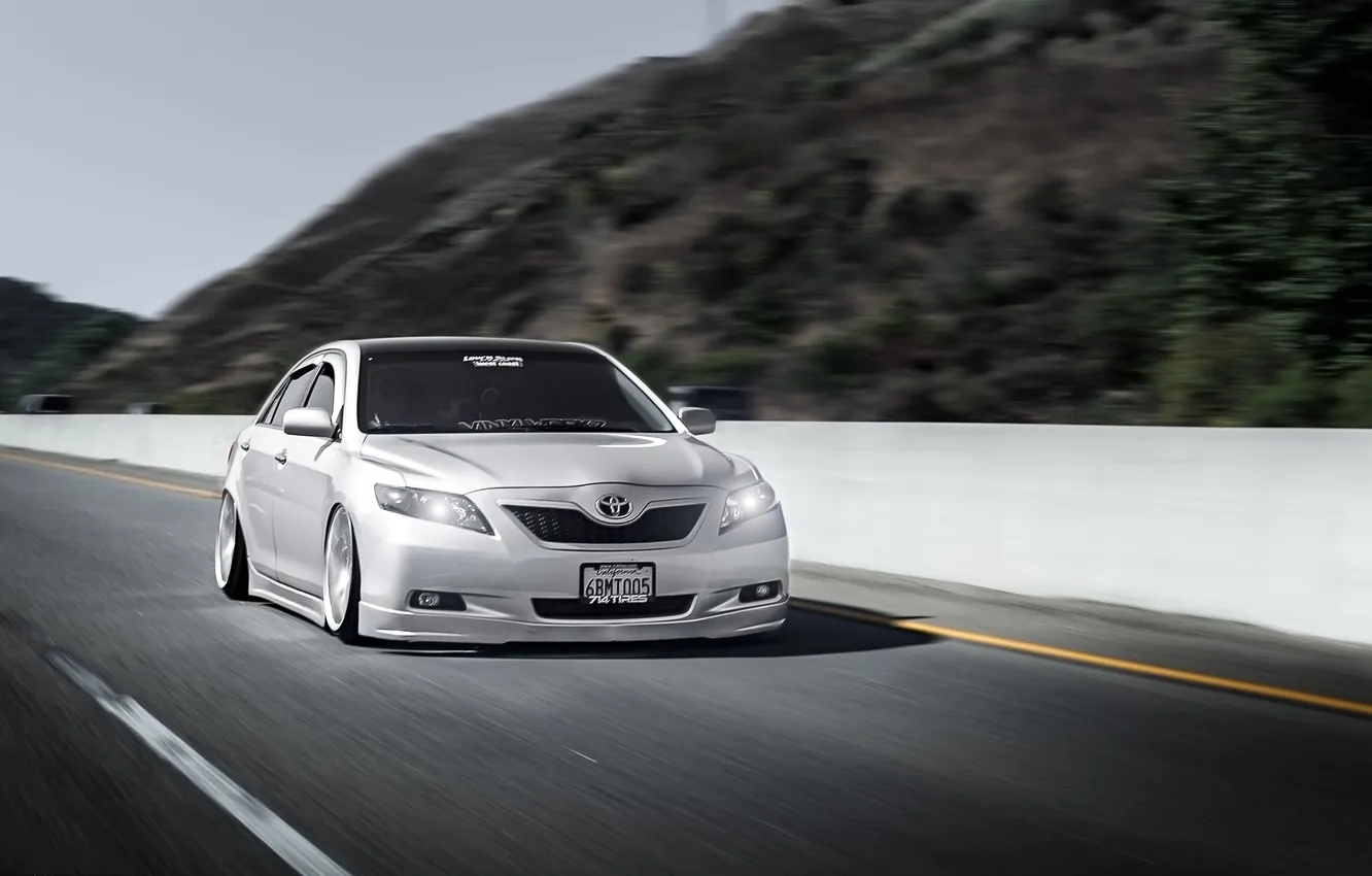 Photo wallpaper road, speed, silver, Toyota, sedan, stance, Toyota, in motion
