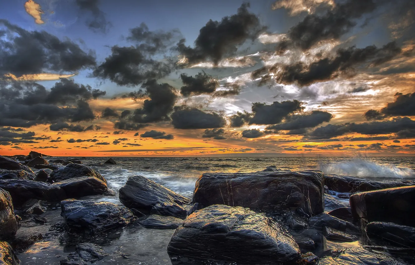 Photo wallpaper sea, sunset, stones