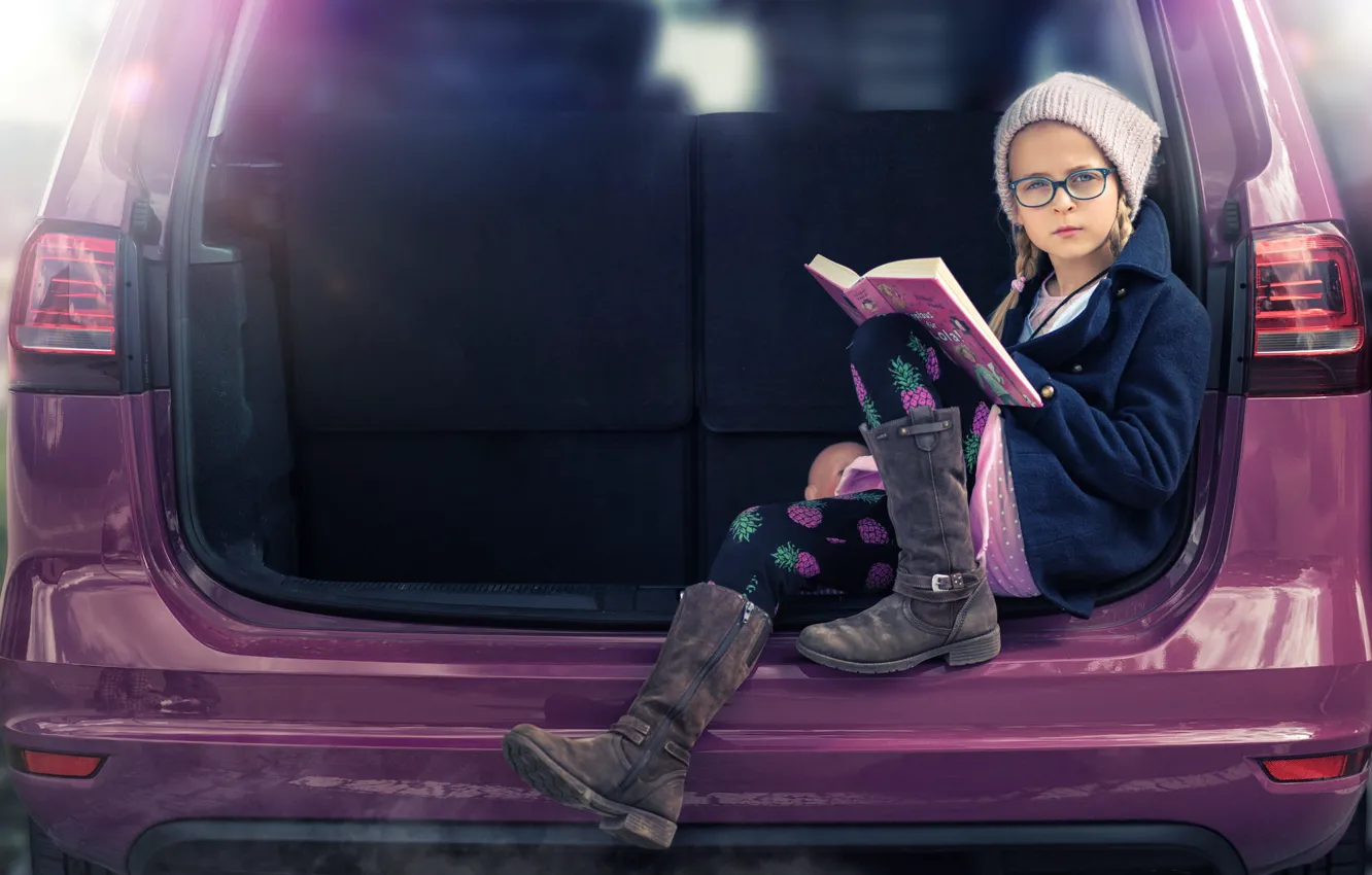 Photo wallpaper auto, glasses, girl, book, cap, Be careful if she's reading