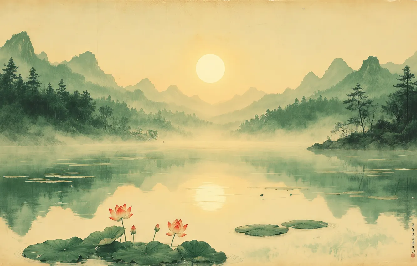 Photo wallpaper landscape, style, asian, chinese, guohua