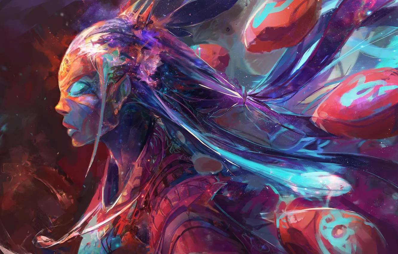 Photo wallpaper girl, balloons, movement, girl, digital art, balloons, movement, glowing eyes