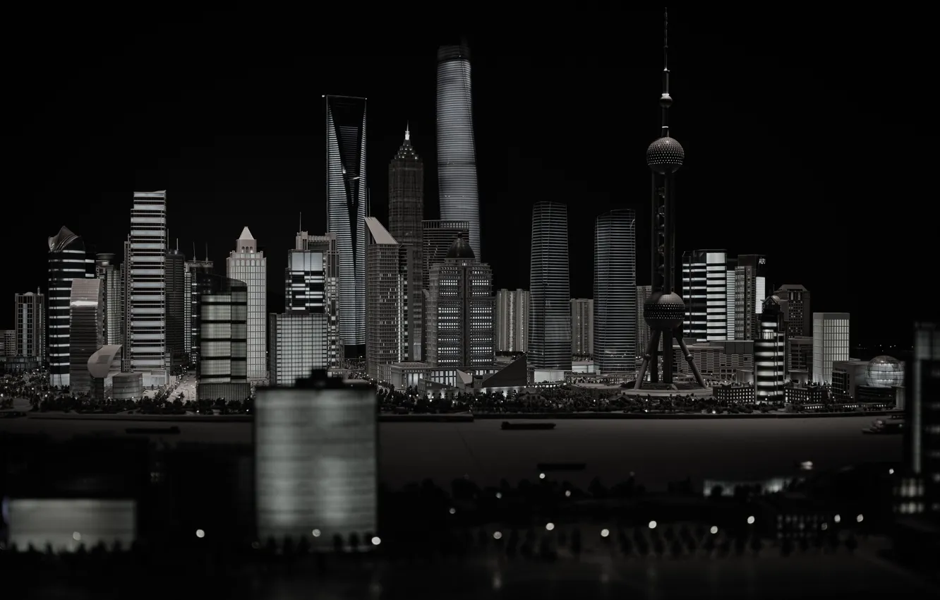 Photo wallpaper water, night, the city, lights, building, skyscrapers