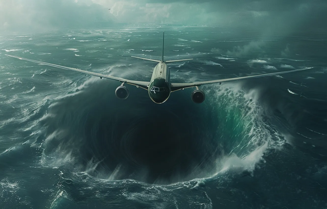 Photo wallpaper flight, clouds, the ocean, the plane, funnel, AI art, The Art of Artificial Intelligence, The …