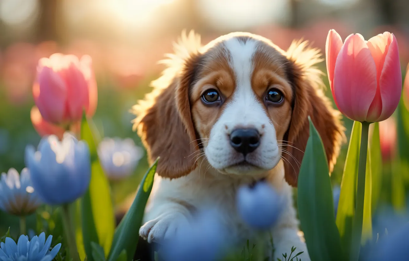 Photo wallpaper look, light, flowers, pose, portrait, dog, spring, blue