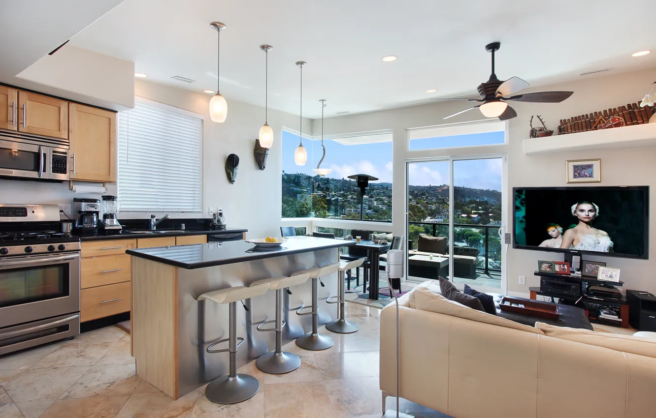 Photo wallpaper design, sofa, furniture, interior, window, kitchen