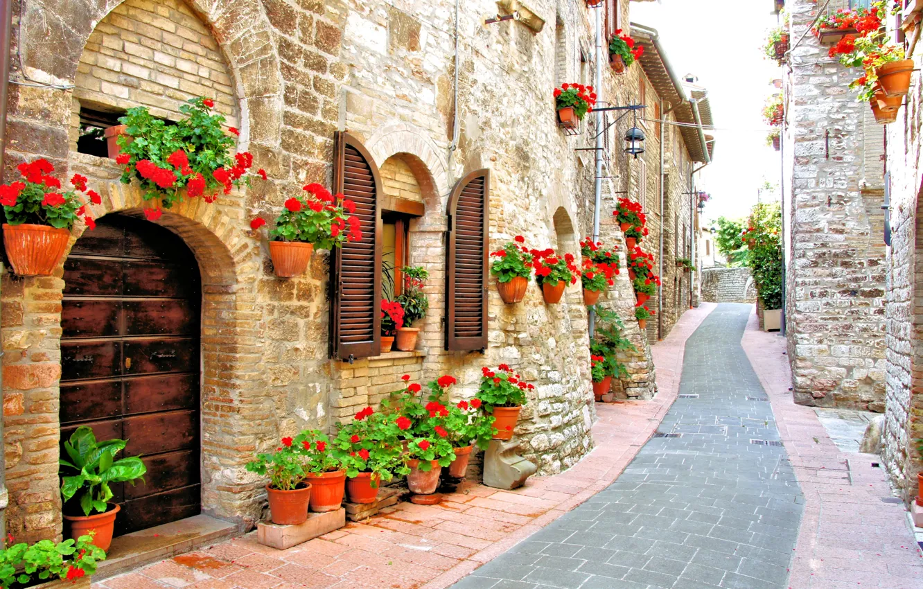 Photo wallpaper flowers, home, Italy, red, pots, street, geranium