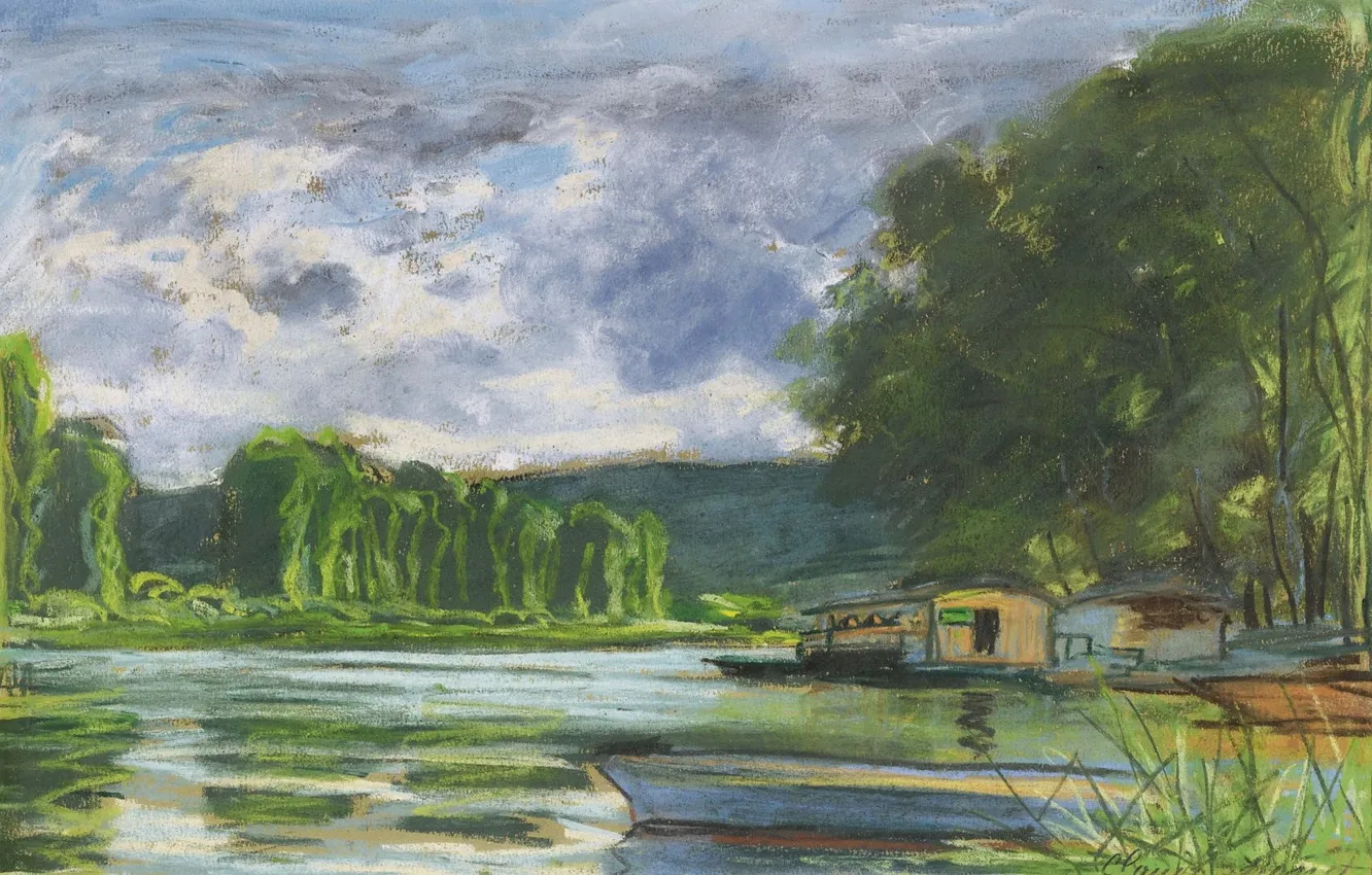 Photo wallpaper landscape, river, boat, picture, Claude Monet, Claude Monet, The banks of the Seine near Reposa