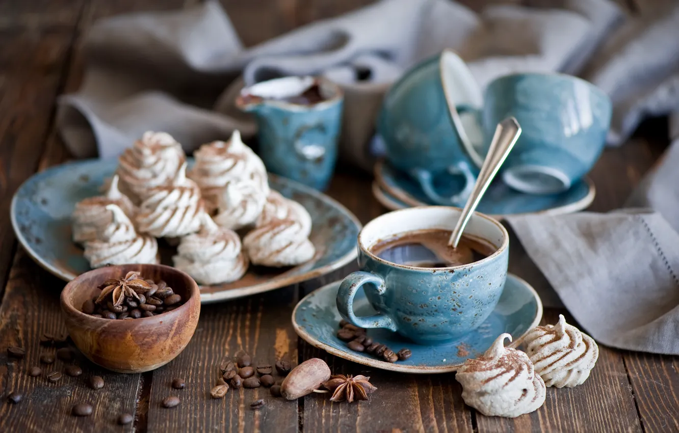 Photo wallpaper blue, coffee, grain, Cup, sweets, set, Anis