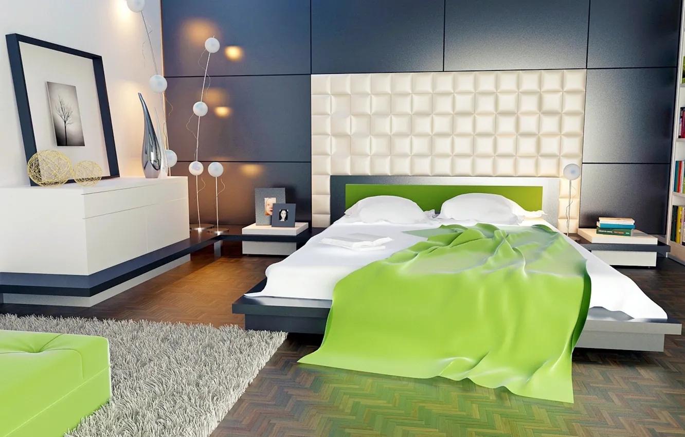 Photo wallpaper design, room, bed, interior, carpet, lamp, bedroom
