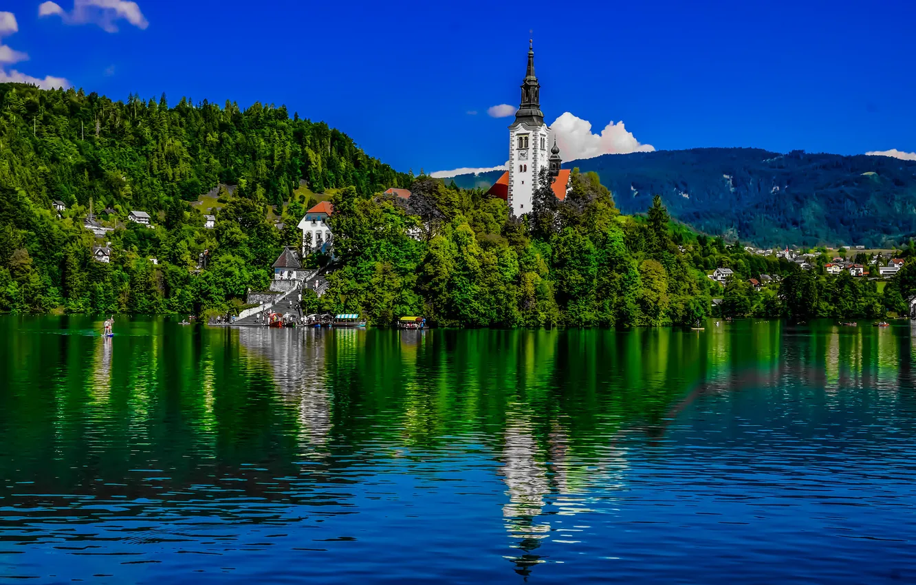 Photo wallpaper mountains, lake, Church, Slovenia, Lake Bled, Slovenia, Lake bled, Bled