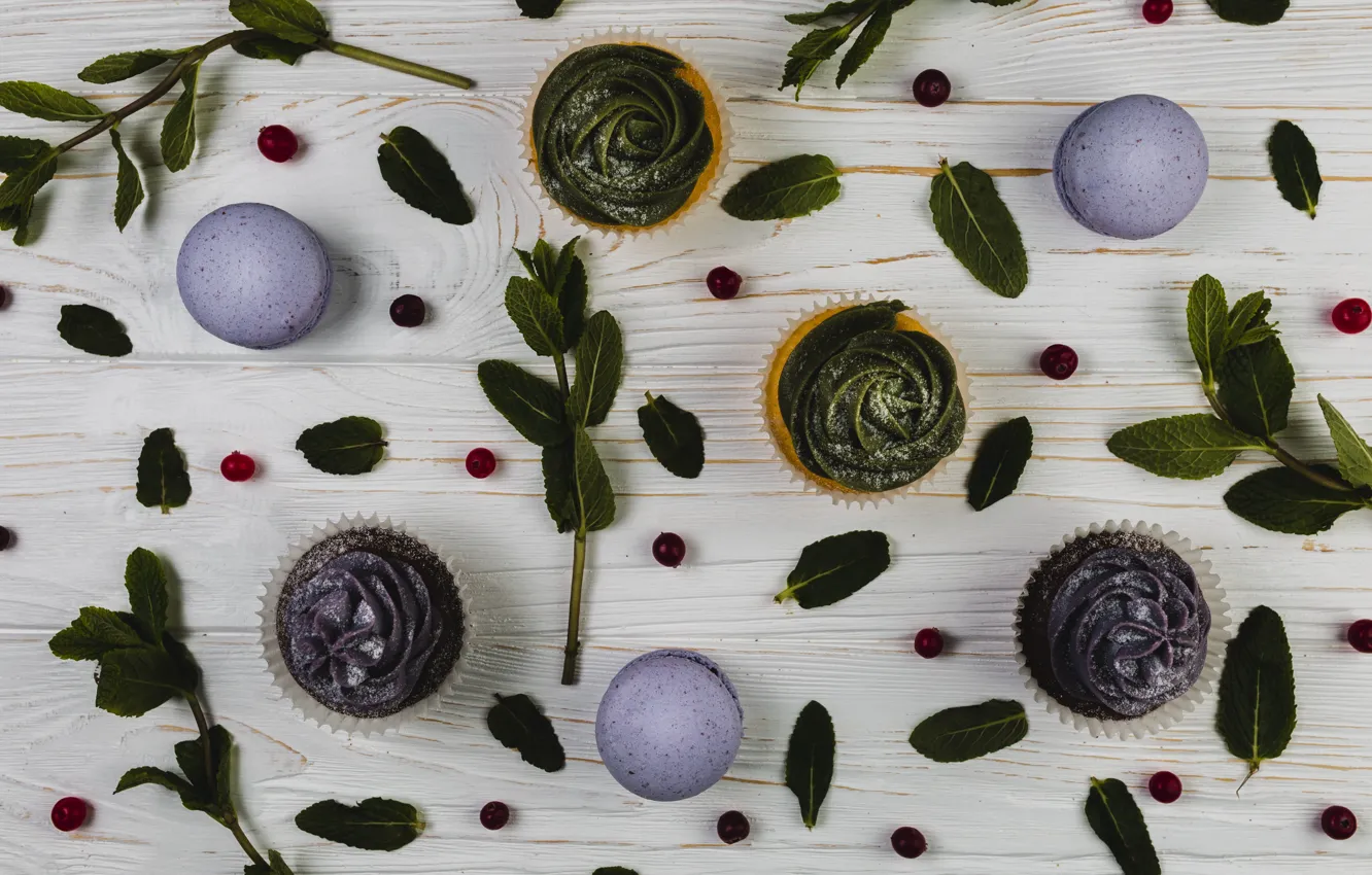 Photo wallpaper dessert, macaroons, Leaves, muffins