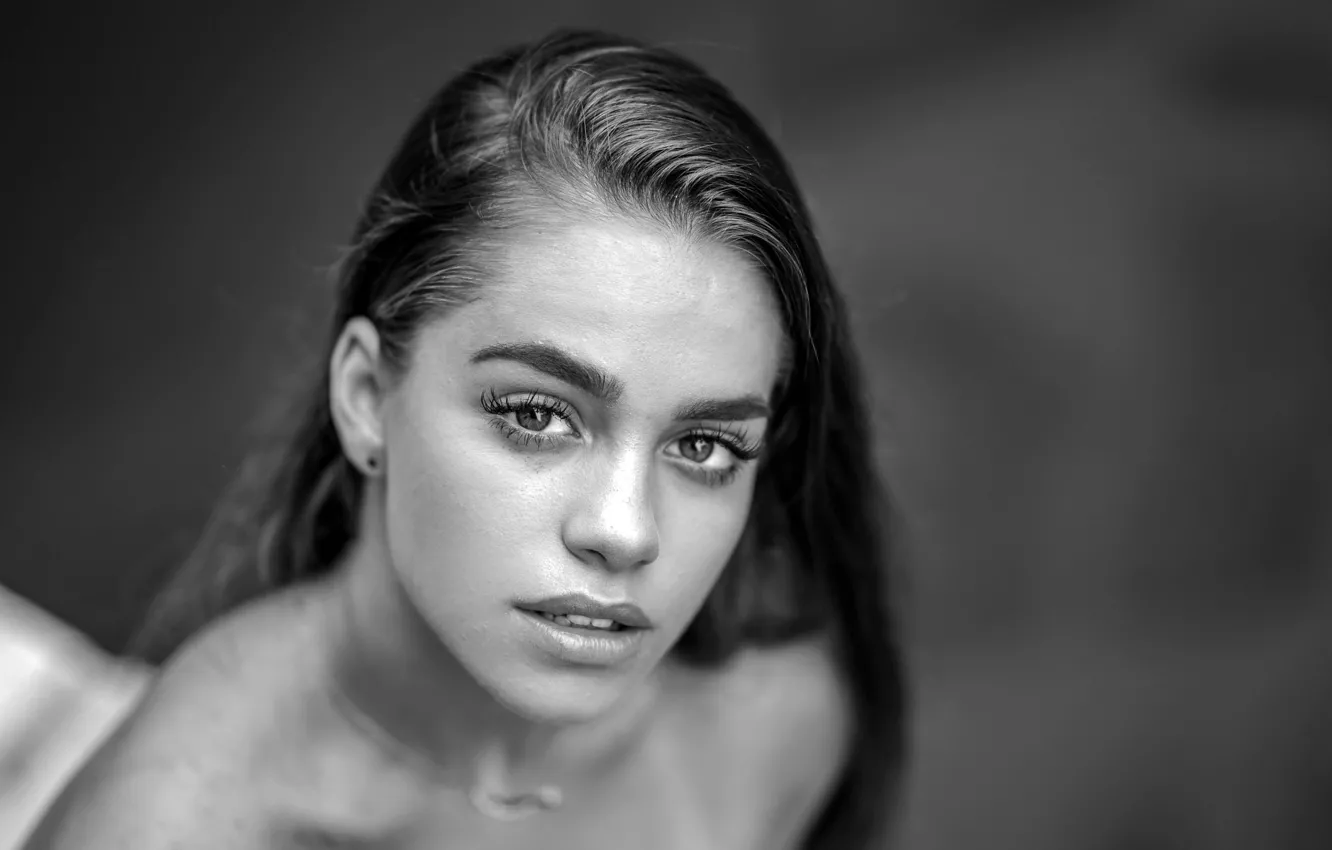 Photo wallpaper look, face, background, model, portrait, makeup, hairstyle, black and white