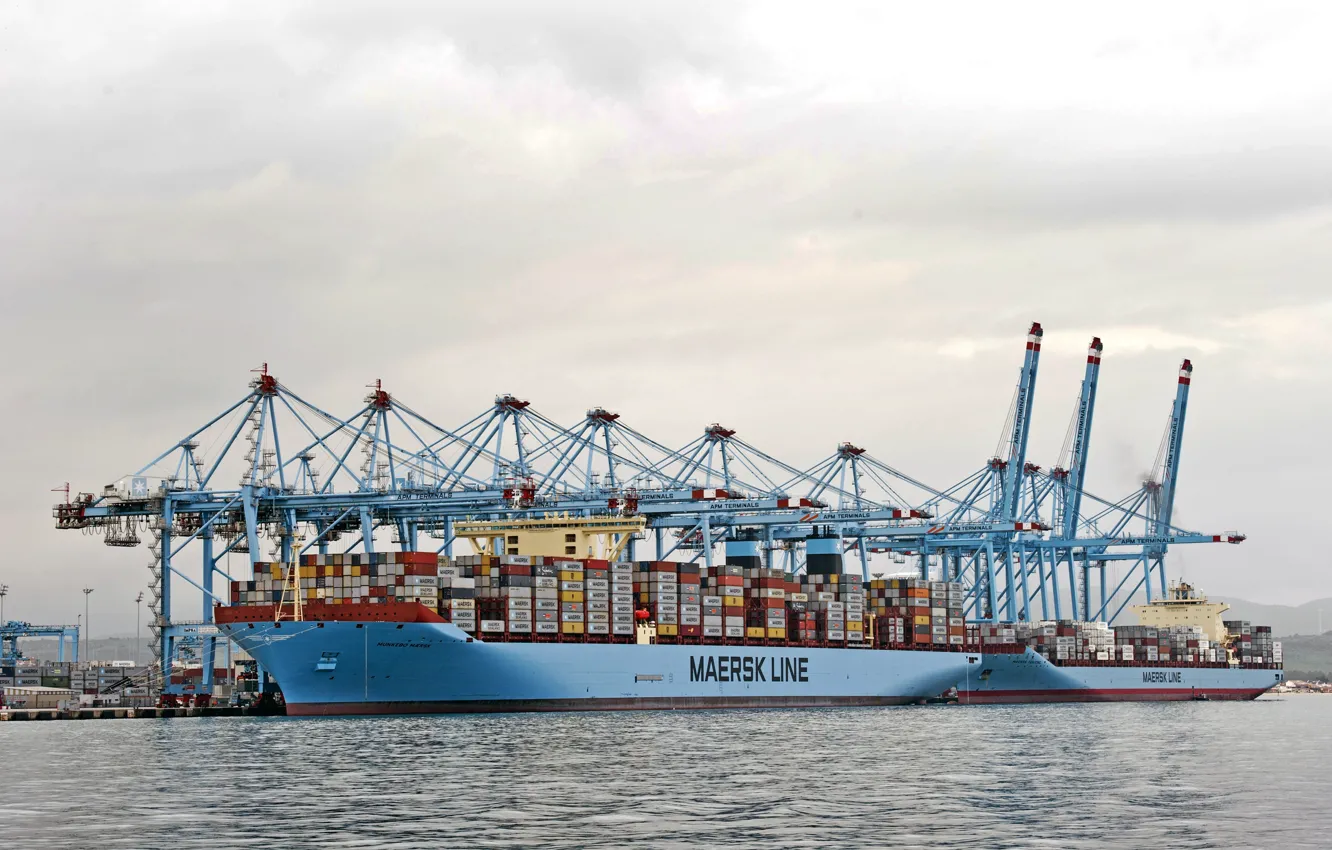 Photo wallpaper Port, The ship, Cargo, A container ship, Cranes, Terminal, Two, Container
