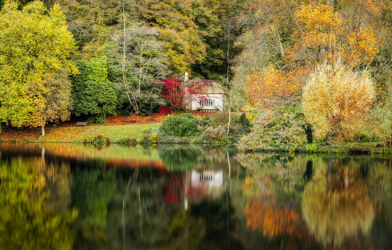 Photo wallpaper autumn, forest, reflection, shore, house, pond