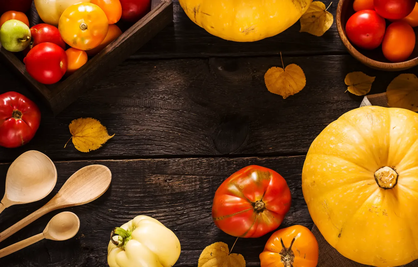 Photo wallpaper spoon, pumpkin, pepper, tomatoes