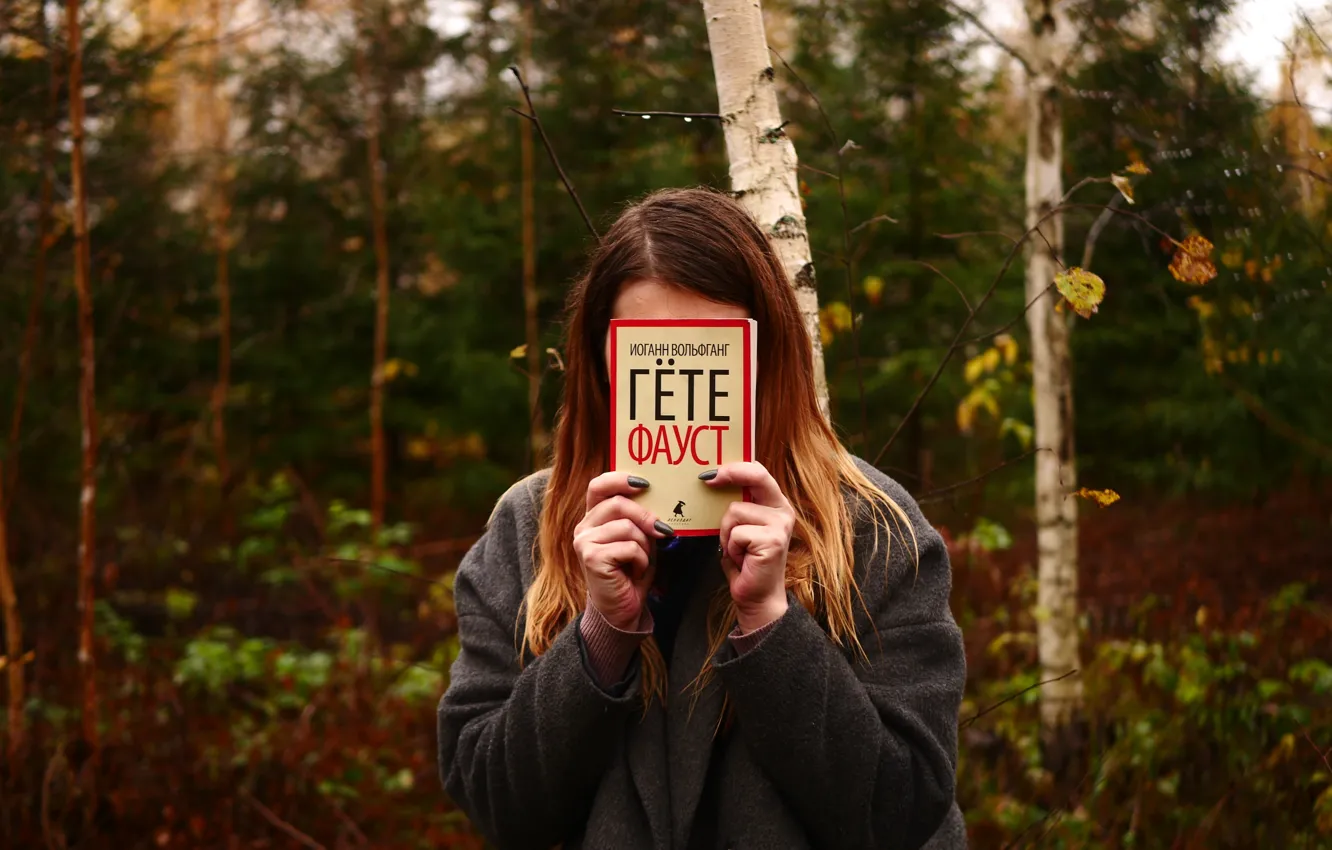 Photo wallpaper forest, girl, nature, overcast, book, Faust