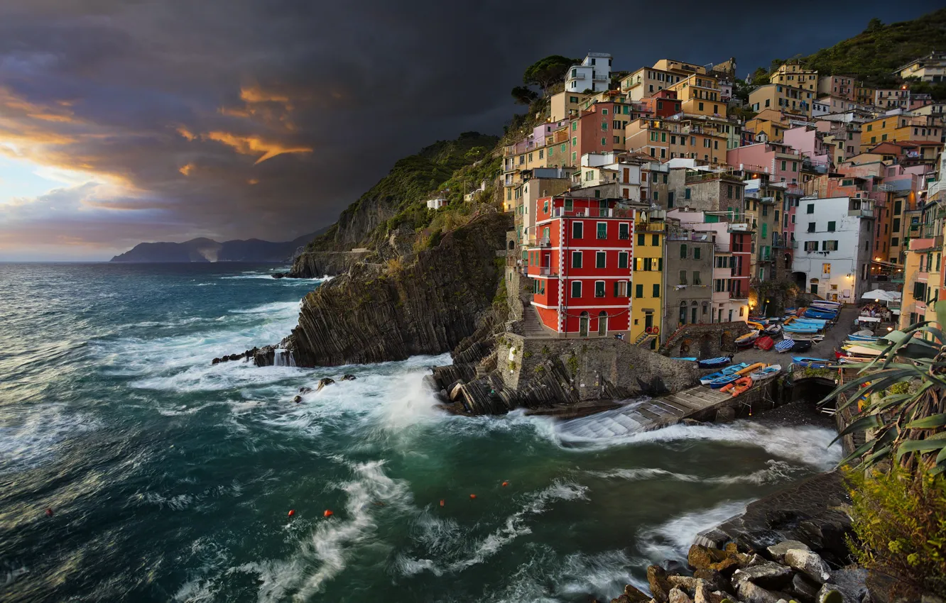 Photo wallpaper sea, coast, building, the evening, Italy, Italy, The Ligurian sea, Riomaggiore