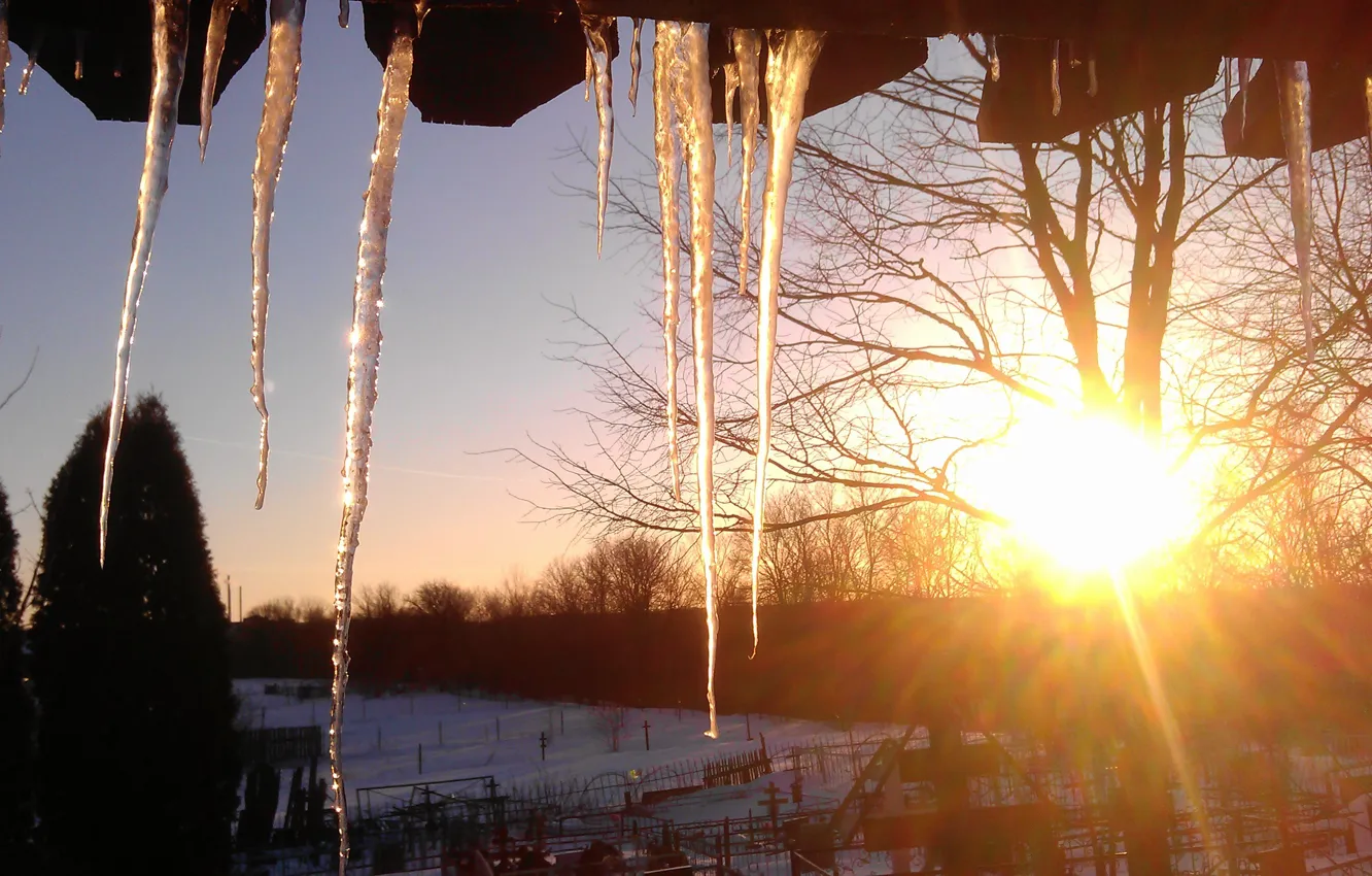 Photo wallpaper winter, the sun, snow, icicles, cemetery, Winter evening