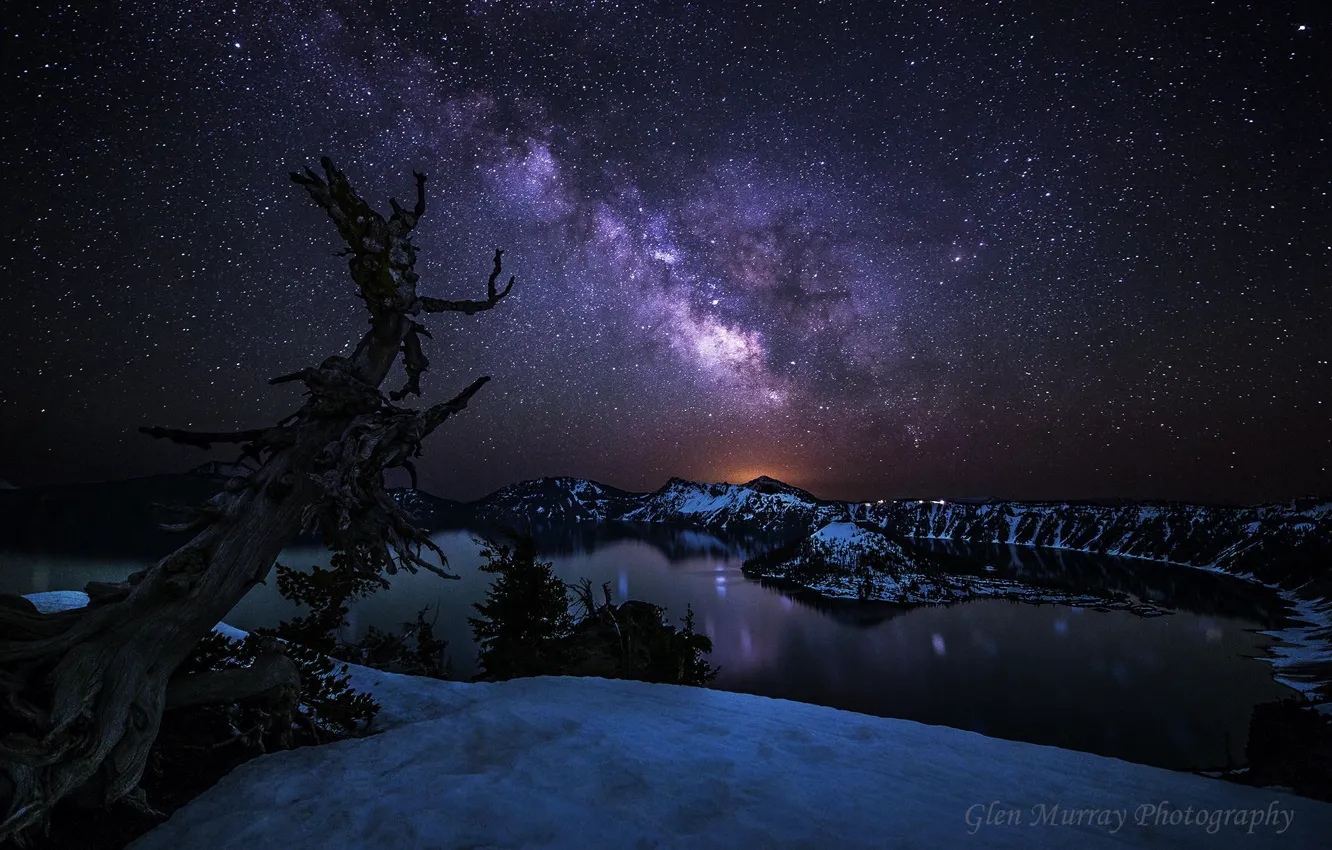 Photo wallpaper stars, trees, night, Oregon, USA, the milky way, state, National Park crater Lake