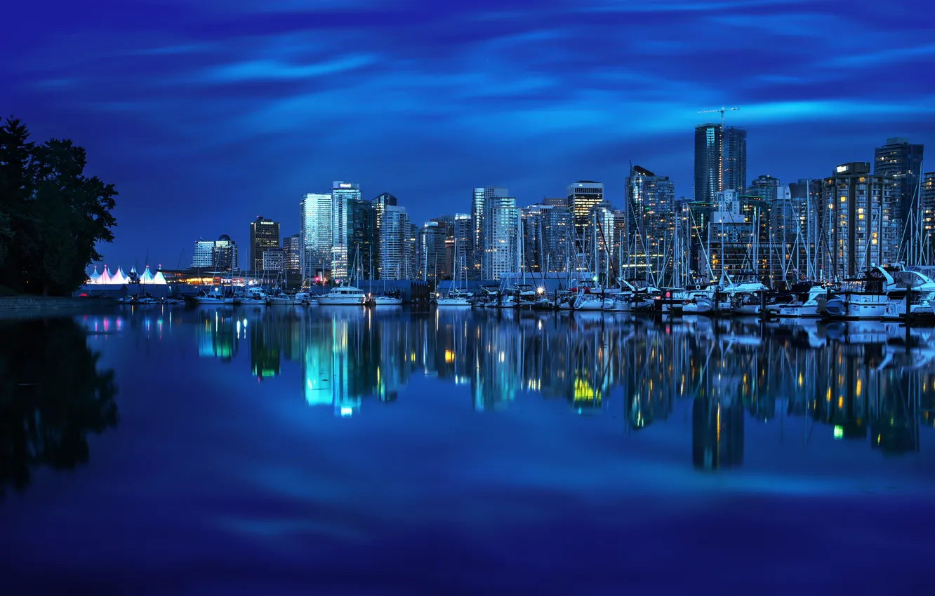 Photo wallpaper reflection, building, yachts, port, Canada, Bay, Vancouver, Canada