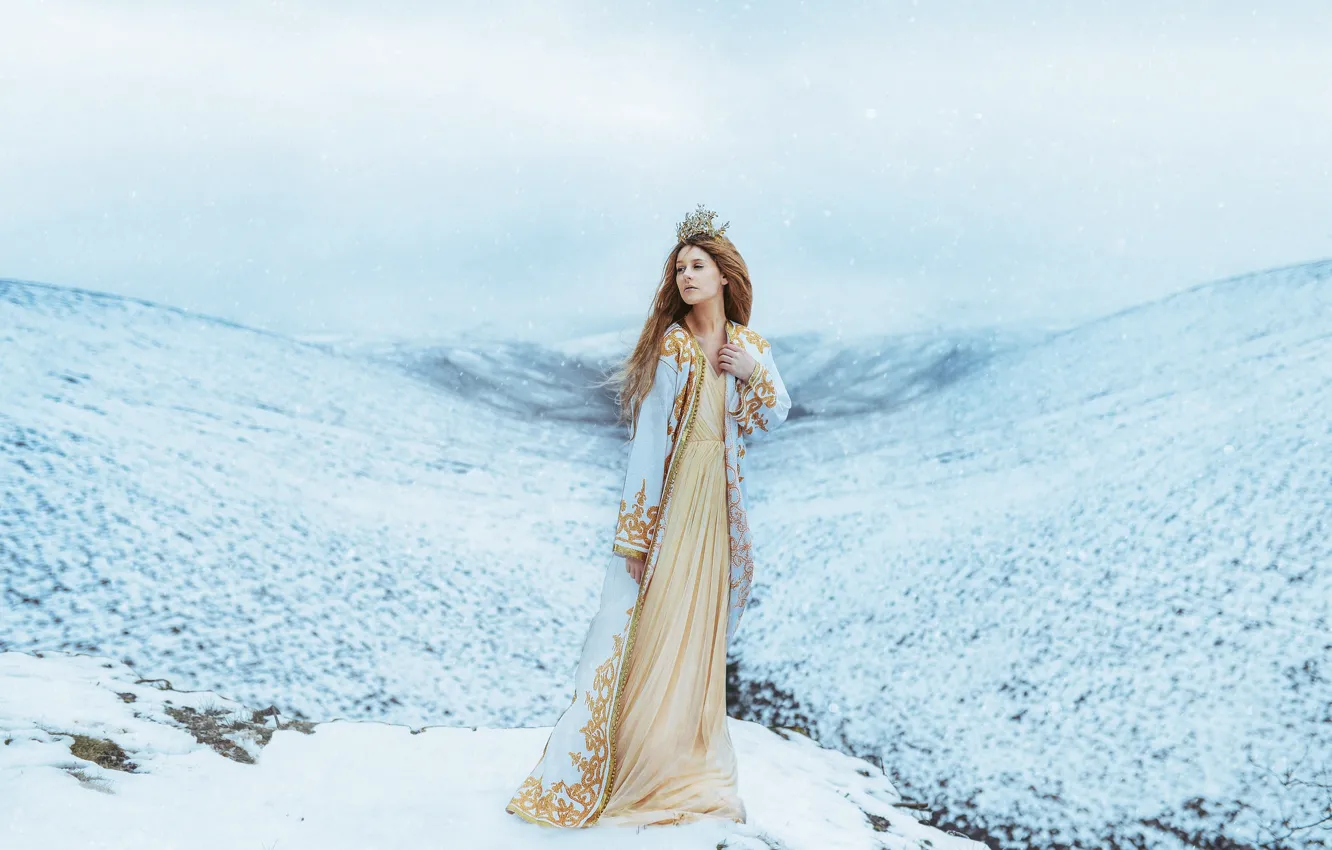 Photo wallpaper winter, girl, snow, mountains, crown, dress, Princess, snowfall