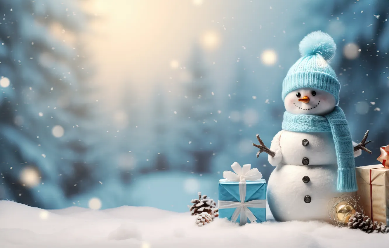 Photo wallpaper winter, snow, new year, Christmas, snowman, Christmas, winter, snow