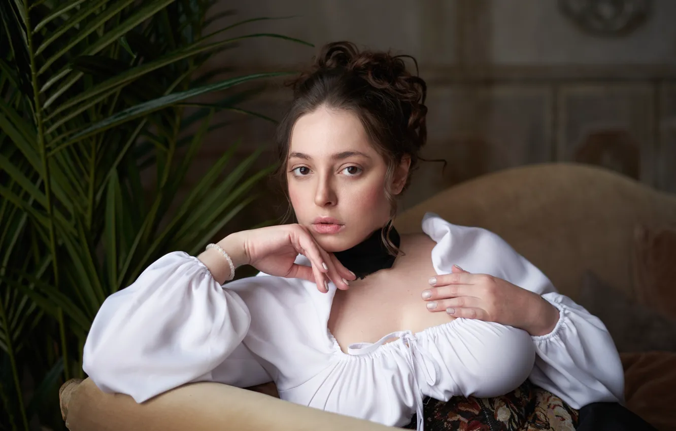 Photo wallpaper look, girl, face, pose, portrait, hands, blouse, Alexander Vinogradov