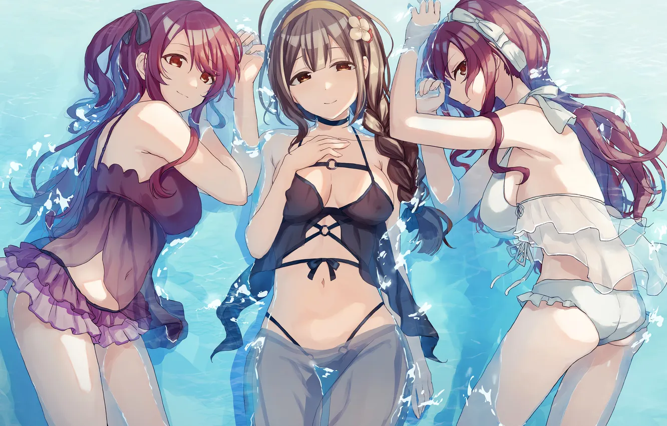 Photo wallpaper sexy, ass, wet, cleavage, beach, long hair, girls, brown eyes