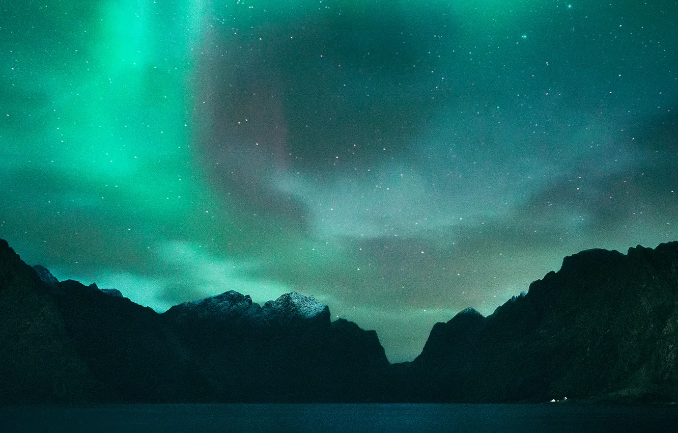Photo wallpaper mountains, lake, northern lights, Aurora Borealis