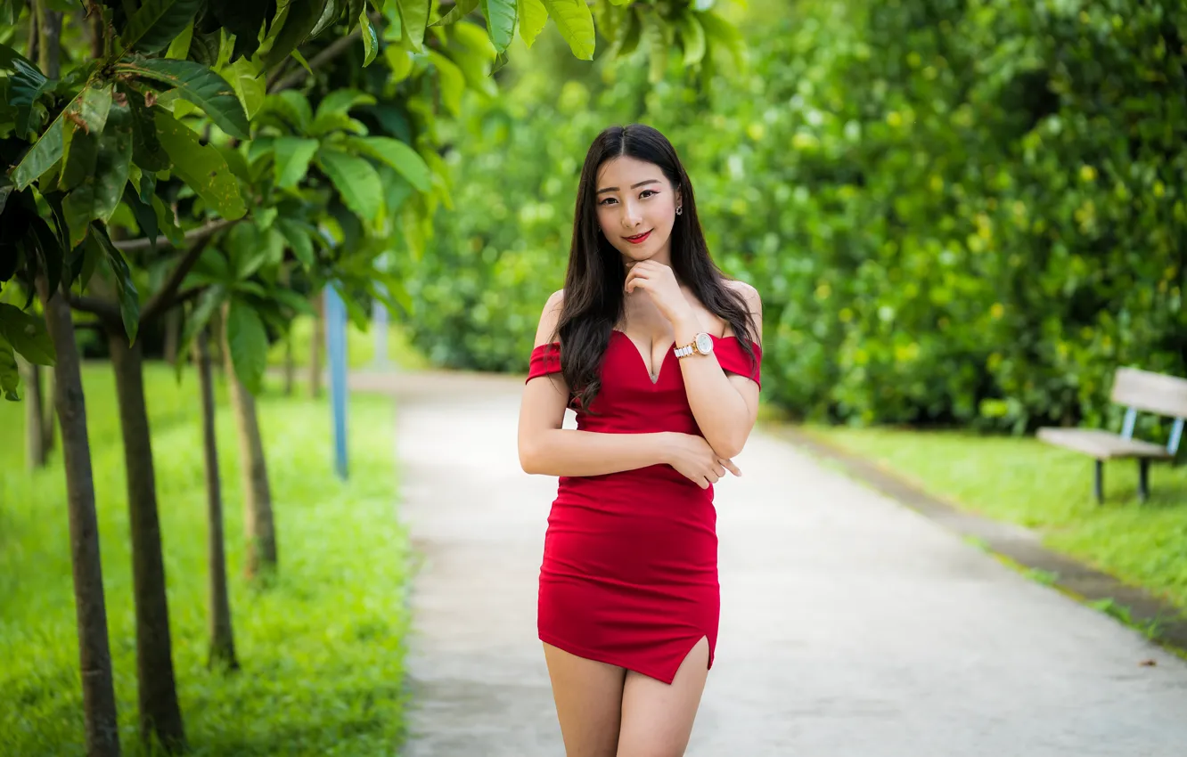 Photo wallpaper look, bench, smile, Park, track, red dress, smile, charm