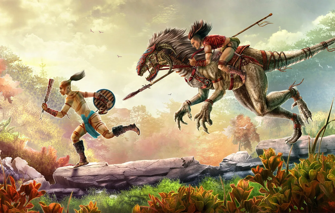 Photo wallpaper dinosaur, chase, rider, Raptor