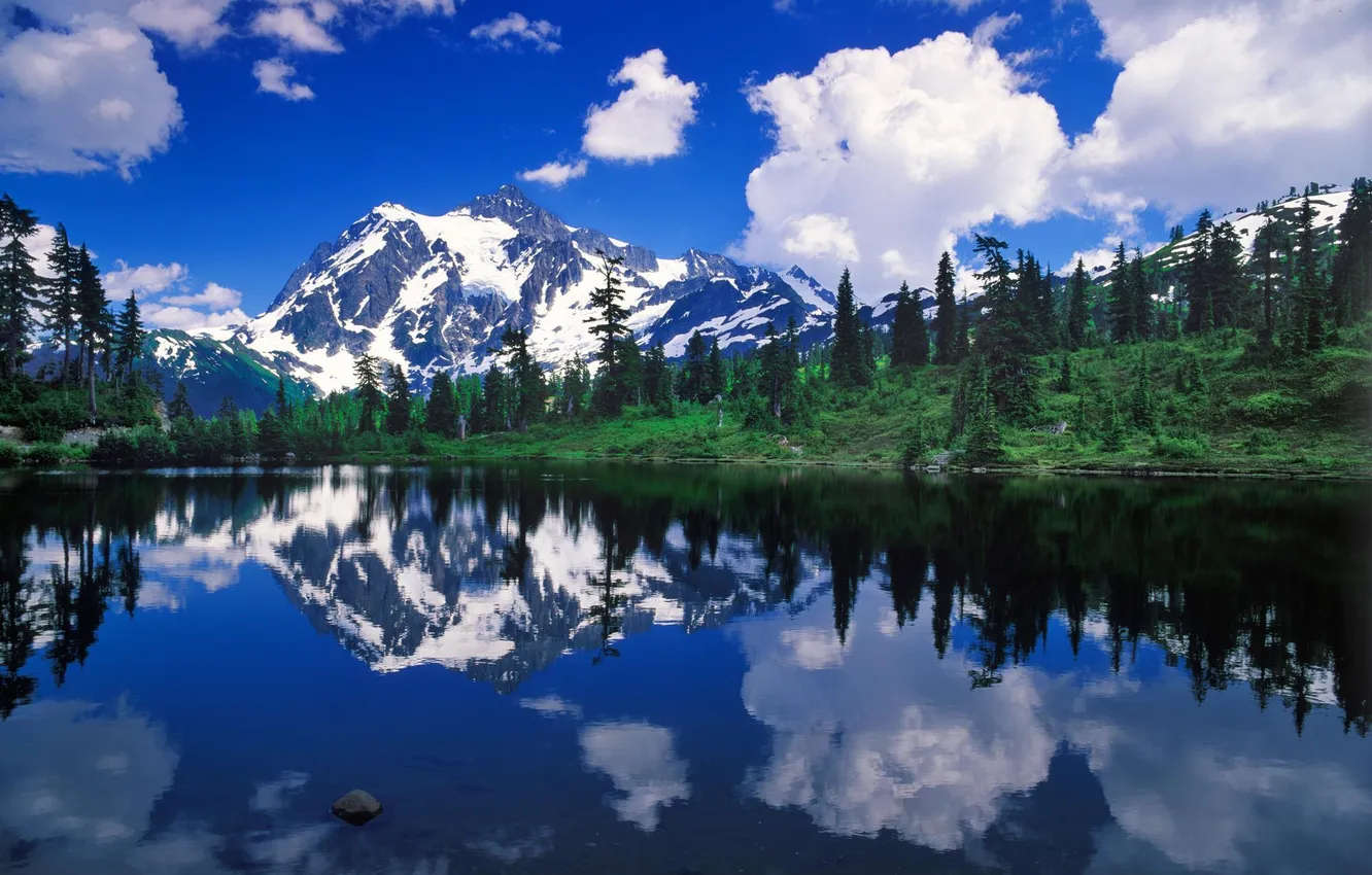 Photo wallpaper forest, mountains, nature, lake, reflection, reflection, Mount Shuksan