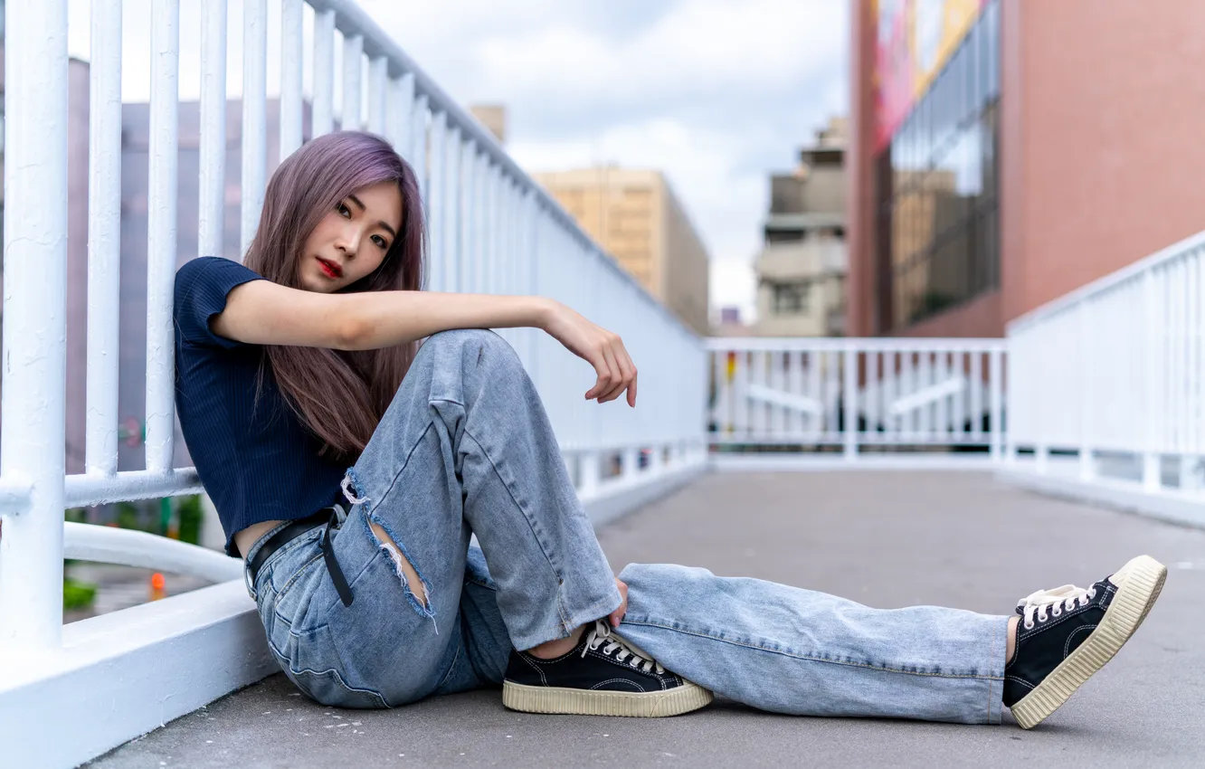 Photo wallpaper girl, jeans, t-shirt, Asian, bokeh