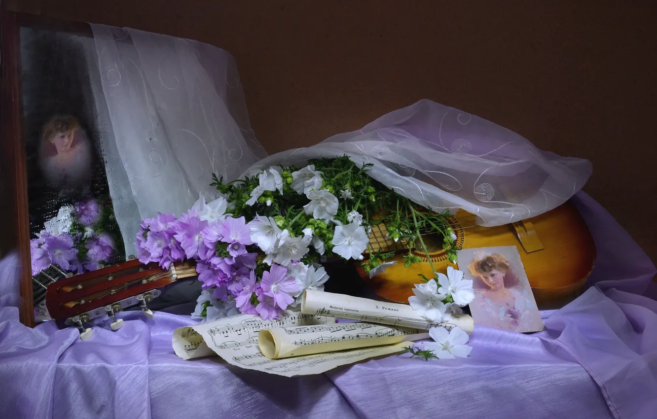 Photo wallpaper girl, flowers, notes, guitar, portrait, veil