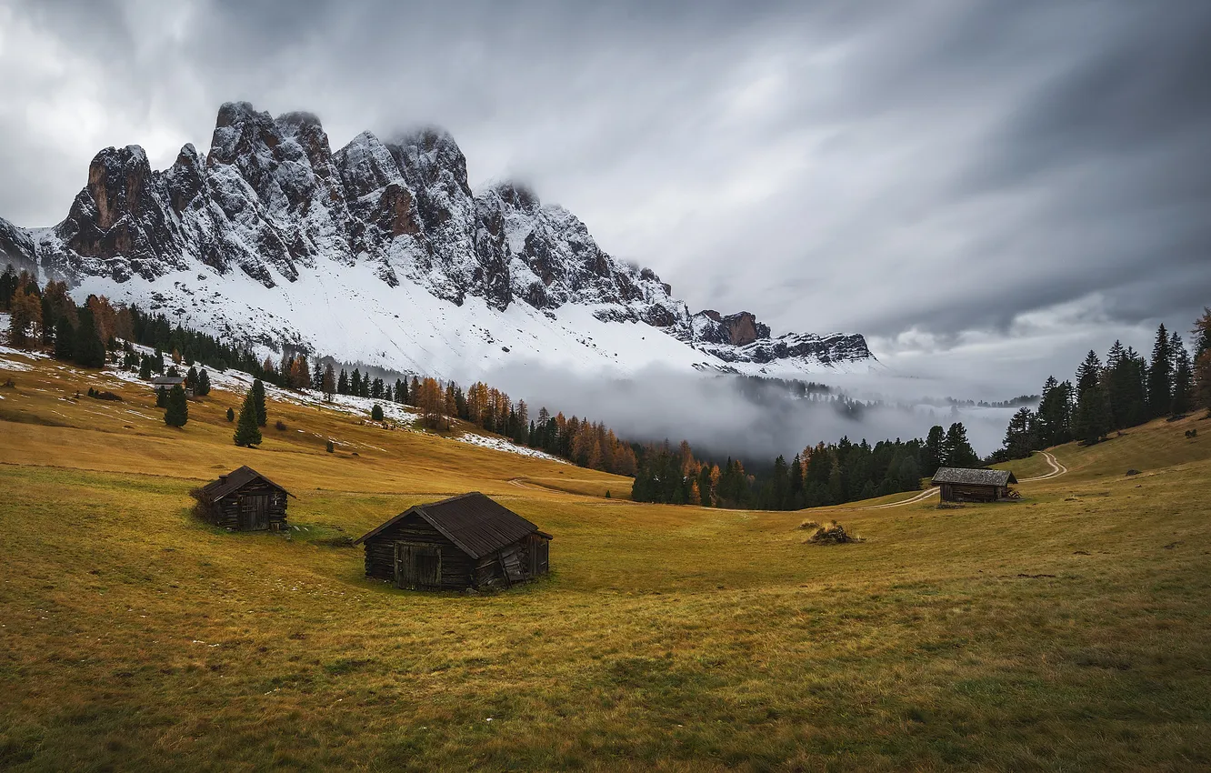 Photo wallpaper field, mountains, house