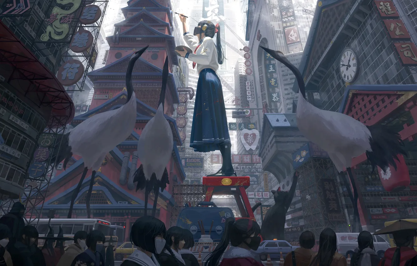 Photo wallpaper car, city, girl, fantasy, animals, cat, people, painting