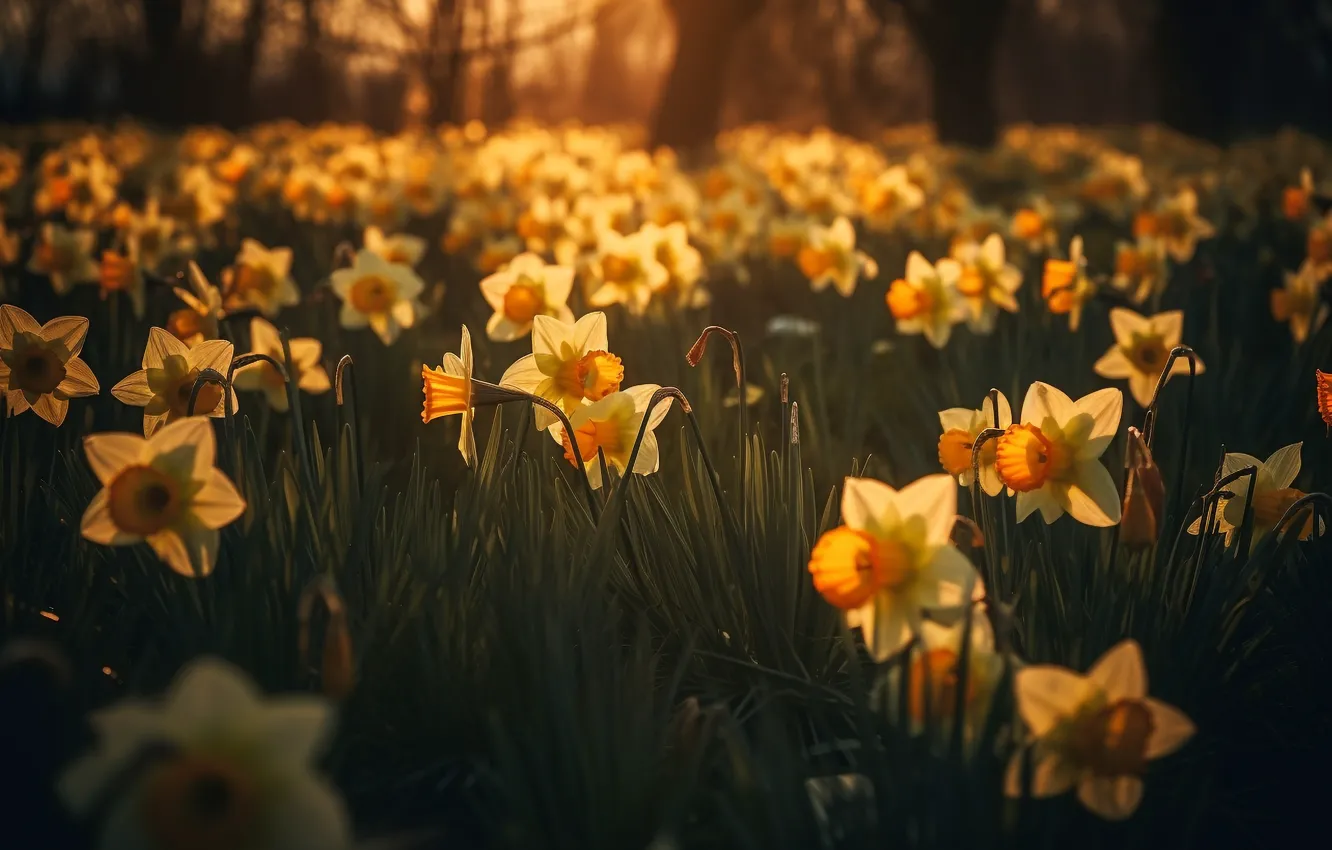 Photo wallpaper flowers, a lot, Park, light, white with yellow, nature, AI art, trees