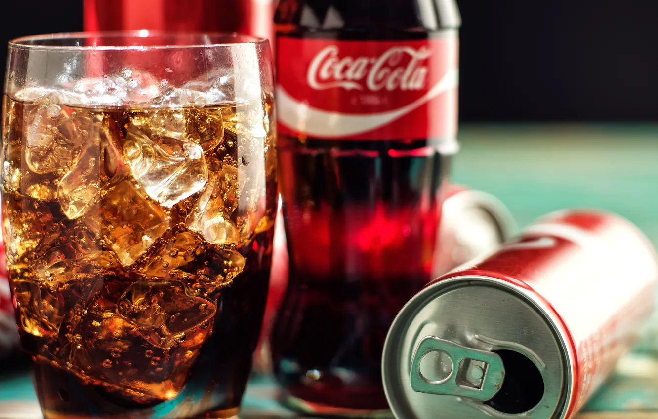 Photo wallpaper ice, glass, bottle, Bank, drink, Coca Cola
