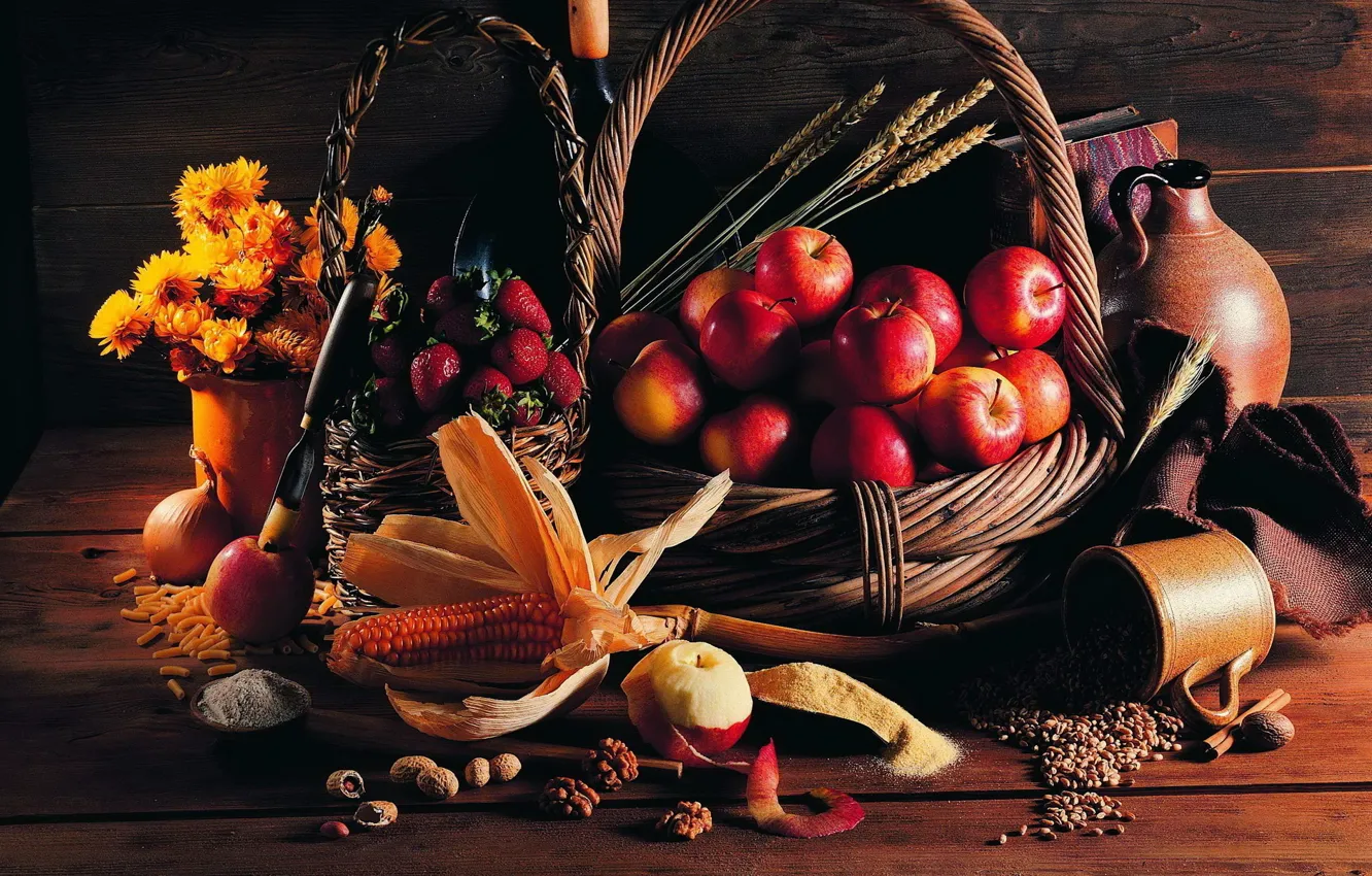 Photo wallpaper apples, corn, strawberry, Basket, nuts